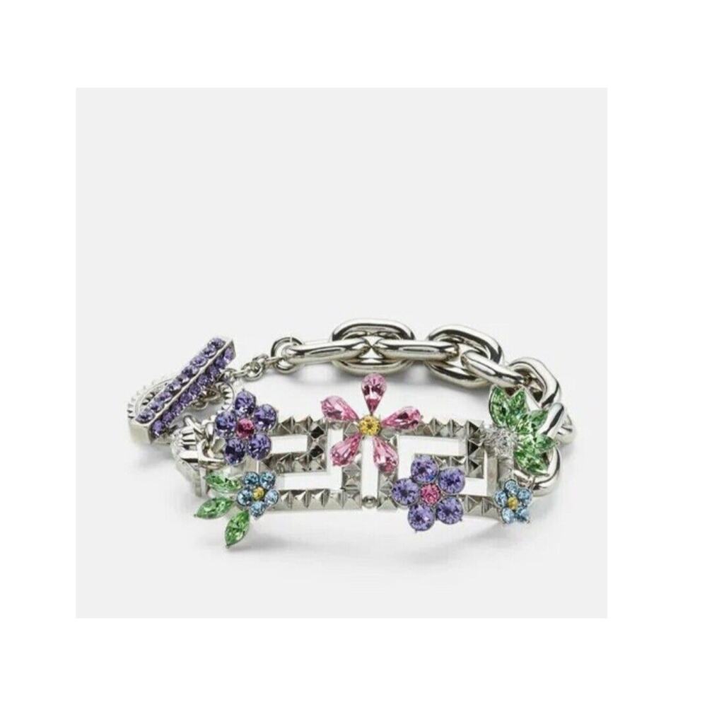 NIB Versace Multicolor Crystal Flower Bloom Greca Bracelet Silver Tone L $1,125